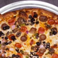 #6 Supremo Thin Crust Circle Pizza · Pepperoni, sausage, mushroom, red onion, black olives, bell pepper.