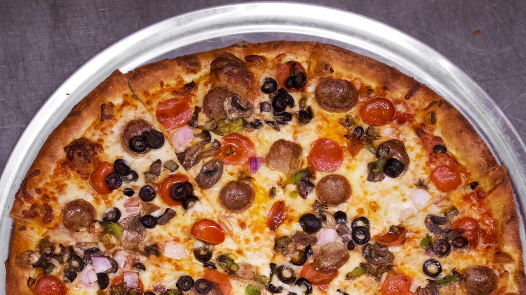 #6 Supremo Thin Crust Circle Pizza · Pepperoni, sausage, mushroom, red onion, black olives, bell pepper.