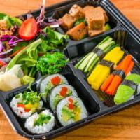 Vegan Bento · 4 pc vege roll, 4 pc vege nigiri, tofu, salad