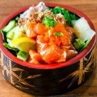 Salmon Poke Bowl · Salmon, crab meat, seaweed salad, cucumber, masago
