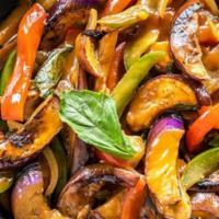 Eggplant Stir Fry · Your stir-fried protein choice with eggplant, bell peppers, onions, thai basil, and chili pa...