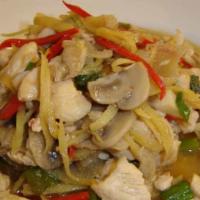 Pad Khing · Sautéed protein choice with medley vegetables, fresh ginger, celery, mushrooms, onion, snow ...