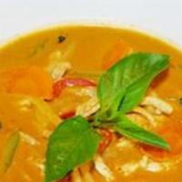 Red Curry · Your protein choice cooked in red curry paste and coconut milk with bamboo shoots, bell pepp...
