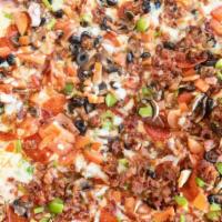 Super Supreme Pizza · Pepperoni, sausage, fresh mushrooms, onions, green peppers, black olives, green olives, ham,...