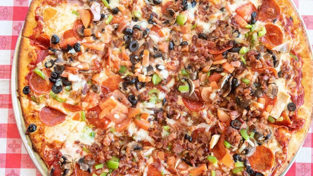 Super Supreme Pizza · Pepperoni, sausage, fresh mushrooms, onions, green peppers, black olives, green olives, ham, bacon.