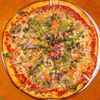 Vegetarian Pizza · Onion, green peppers, black and green olives, fresh mushrooms, fresh tomatoes.