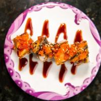 Black Dragon Roll · Shrimp tempura and crab salad with Black Rice inside, top with unagi and spicy mayo. 4 pcs