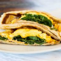 Egg Flatbread Sandwich · Egg, Cheese, Red Peppers,  Cream Cheese, Spinach and Jalapeno Mousse