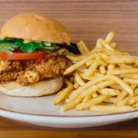 Fried Chicken Sandwich · Pimento cheese, tomato, pickle, and greens. Served with one side.