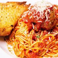 Spaghetti And Meatballs · Fresh Spaghetti noodles smothered in Pizza Dudes homemade marinara and one of our delicious ...