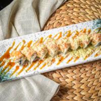 Shrimp Lover Roll · Inside: shrimp tempura, spicy crab, cream cheese, cucumber. Top: shrimp, crunch. Served with...
