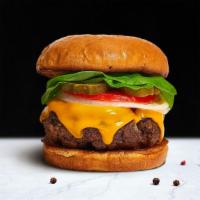 Cheeser Pleaser Burger · American beef patty topped with melted cheese, buttered lettuce, tomato, onion, and pickles....