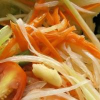 Som Tum (Green Papaya Salad) · Shredded green papaya, tomatoes, green bean, ground peanut with spicy lemon dressing (Add sh...