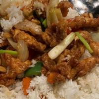 Thai Cashew Nut With Rice · Sautéed batter chicken, cashew nut, bell peppers, carrots, white &green onions, dry chili in...