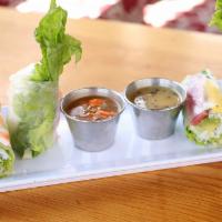 Shrimp Fresh Spring Rolls [Tom] · Gluten-free available upon request. Poached shrimp, sprouts, mint, cilantro, and crispy roll...