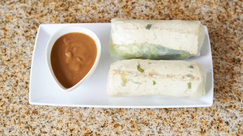 Gỏi Cuốn Chay - Vegetarian Salad Rolls · Rice paper rolls with vermicelli noodles, lettuce, basil, slices of tofu and a side of peanut sauce.