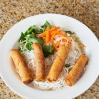 Bún Chả Giò - Crispy Egg Rolls · Vermicelli noodles with fried egg rolls, bean sprouts, cucumbers, lettuce, basil, pickled ca...
