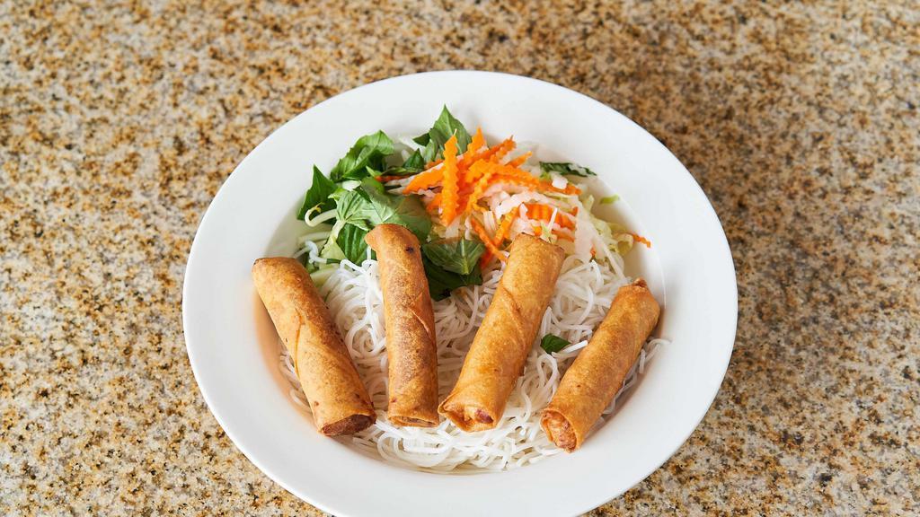 Bún Chả Giò - Crispy Egg Rolls · Vermicelli noodles with fried egg rolls, bean sprouts, cucumbers, lettuce, basil, pickled carrots and daikon, peanut, fried shallots. Served with a side of sweet and sour fish sauce.