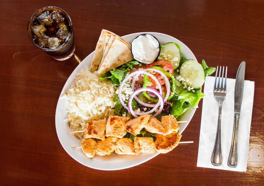 Chicken Kebab Plate · Chicken marinated with lemon pepper, garlic and olive oil.