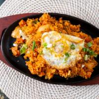 Spam Kimchi Fried Rice · Comes with a side soup, kimchi, egg.