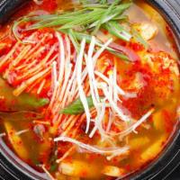 Sun-Du-Bu (Soft Tofu Soup) · A spicy stew/soup with soft tofu and your choice of kimchi, seafood, beef or mushroom, with ...