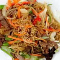 Jap-Chae (Sweet Potato Noodles) · Sweet potato noodle stir-fried with vegetables and your choice of beef, chicken or tofu.