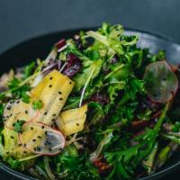 Mixed Green Salad · Radish, shaved rainbow carrot, sweet white onion, kaiware,. yuzu vinaigrette