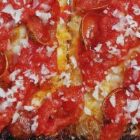 Pepperoni · 8x10 Detroit Style Pizza. Mozzarella and Brick Cheese blend, Cupping Pepperoni, Red Sauce an...