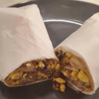 Breakfast Burrito · A classic-style burrito with bacon, eggs, cheddar cheese, and potatoes.