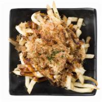 Japanese Style Fries · Fried topped with Japanese mayo, savory sauce & fish flakes