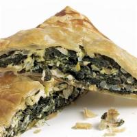 Spanakopita · Baked flip, stuffed with spinach and Feta cheese, served with tzatziki sauce.
