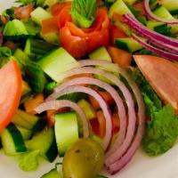 Mint And Olive Salad · lettuce, tomato, red onion, pepper,  cucumber, green olives, black olives, fresh mint, olive...