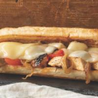 Chicken Cheesesteak · Grilled chicken, grilled onions, roasted red peppers, and provolone on a french hoagie roll.