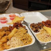 2 People · Served with rice or noodles or both, 2 egg roll,  2 wonton and 2 (26oz.) Entrees.