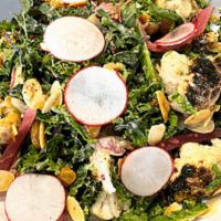 Shaved Kale Salad (Delivery) · Shaved kale with roasted cauliflower, golden raisins, pickled onions, toasted almonds, radis...