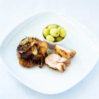 Kids Chicken Plate · Skin on, boneless, rotisserie chicken thighs. Served with frozen grapes and your choice of o...