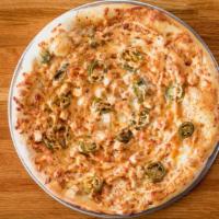 Texas Chainsaw Massacre · Spicy. White BBQ sauce, mozzarella, provolone cheese, Cheddar, chicken, tomatoes and jalapeñ...