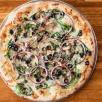 Ghostface · Fan-favorite. Ricotta, spinach, mozzarella, provolone, black olives, red onions and mushrooms.