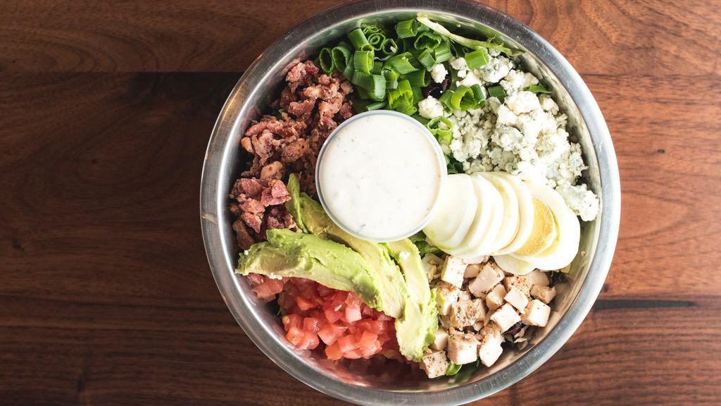 Frailty V2 Salad · Fan-favorite. Mixed greens, chicken, bacon, hard-boiled egg, tomatoes, blue cheese crumbles, avocado, scallions and ranch dressing.