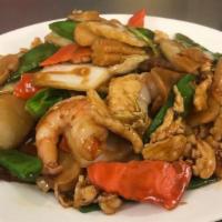Triple Delight Dinner · Jumbo shrimp, chicken, beef, and veggies sautéed in brown sauce.