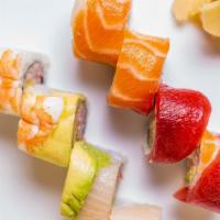 Rainbow Sushi Roll · California roll topped with assorted fresh fish. Raw.