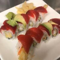 Mars Roll · Tempura shrimps roll, topped with crab salad fresh tuna, and avocado. Raw.