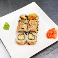 Tempura Salmon Crunch Roll · Tempura salmon with seasoned rice topped with tobiko and special sauce.