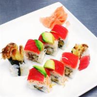 Island Roll · Soft shell crab tempura and cucumber topped with tuna, avocado, and eel sauce. Raw.