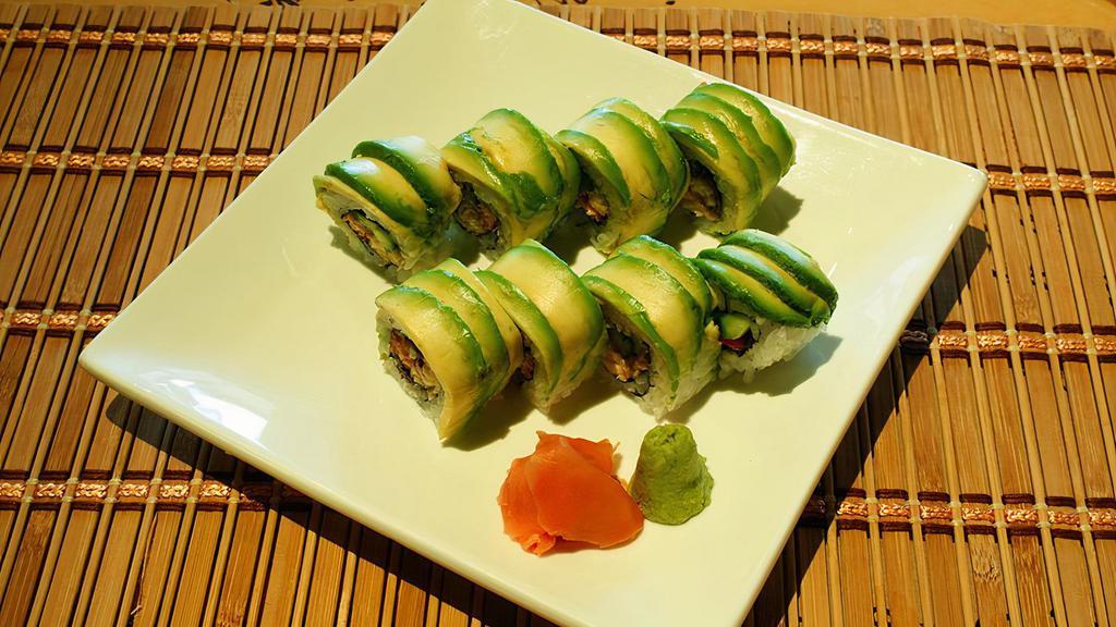 Caterpillar Roll · Freshwater eel and cucumber topped with sliced avocado. Raw.