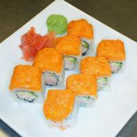 Autumn Roll · California roll topped with tobiko and spicy scallop. Raw.