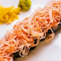Moonlight Roll · Tempura fried roll with spicy salmon, scallions, shrimp, and cream cheese topped with crab s...