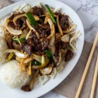 Mongolian Beef · Served with rice.