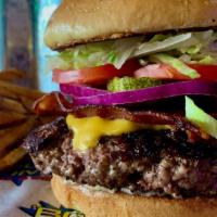 Bacon Cheese Burger* · Applewood smoked bacon and American cheese top this burger. Served with lettuce, tomato, red...