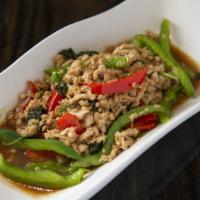 Pad Ka Prau · his dish features your choice of ground chicken, pork or beef stir-fried with basil and bell...